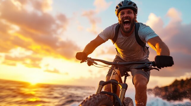 A jubilant cyclist rides along a beautiful coastal path at sunset, reflecting joy and freedom, with the ocean waves crashing in the background, creating a lively and energizing scene.