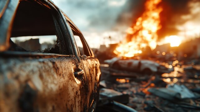 A dystopian scene with burnt-out cars under a fiery sky, symbolizing chaos and devastation. This image evokes strong emotions and a sense of loss in a post-apocalyptic setting.