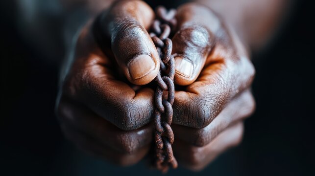 Strong hands clasp a set of broken chains, symbolizing freedom and resilience against oppression, representing emotional strength and the fight for dignity.