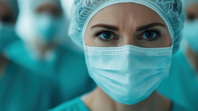 An intense portrait of a masked healthcare worker captures the dedication and commitment of medical professionals, reflecting resilience in the face of challenges.