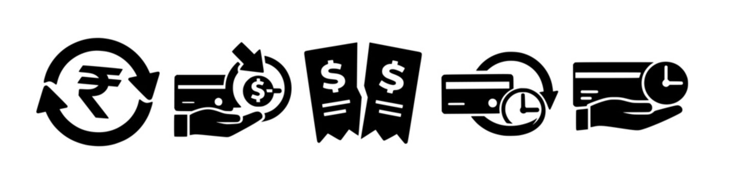 Black and White Fintech Payment Icons Set &ndash; Money Transfer, Request, Split Bill, Auto Pay, Transaction History
