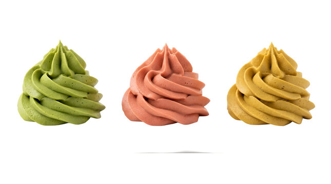 Three colorful rosette swirls of green pink and yellow cream isolated on transparent background