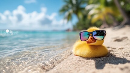 Obraz premium A cute yellow duckling wearing stylish sunglasses enjoys a sunny day on the beach, capturing the playful spirit of summer and the charm of nature's little creatures.