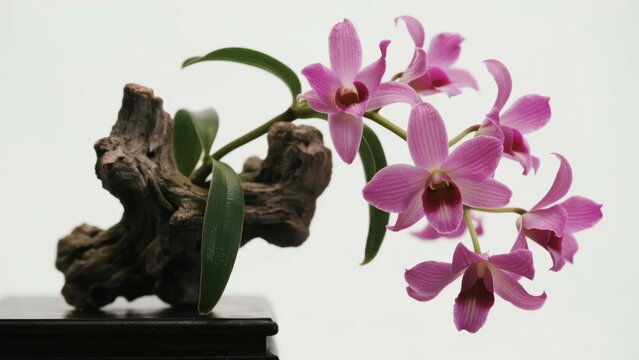 Pink orchid flowers growing from a wooden root structure on a dark stand against a neutral background