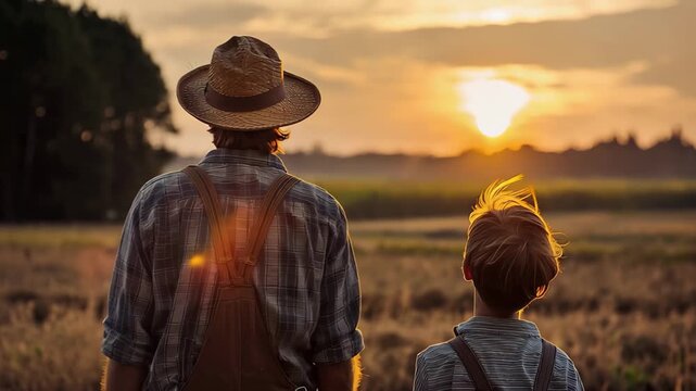 Father and son enjoying a sunset in an agricultural field, appreciating hard work and nature's beauty during warm evening hours