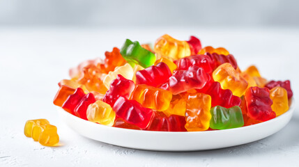 Naklejka premium Colorful gummy bears piling high on a white plate, offering a sweet and vibrant display of sugary candy