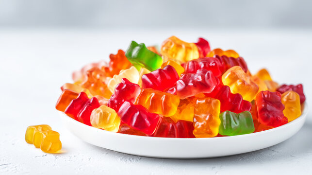 Colorful gummy bears piling high on a white plate, offering a sweet and vibrant display of sugary candy
