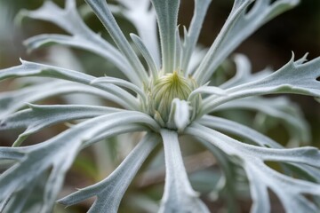 Fototapeta premium Close-up of a silvery-gray flowering plant with feathery leaves and a central bud
