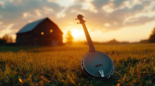A nostalgic scene featuring a banjo resting on lush grass with a rustic barn silhouetted against a stunning sunset, evoking feelings of country life and musical passion.