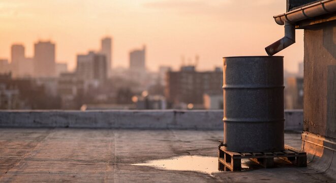Metal barrel collecting water from drainpipe on rooftop at sunset
