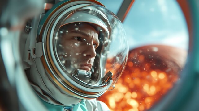 An astronaut peers through the window of a spacecraft, observing an extraterrestrial landscape filled with fiery elements, representing exploration and the unknown of outer space.