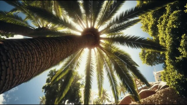 Dramatic low-angle view of a towering palm tree silhouetted against a bright sun and tropical sky evoking feelings of paradise warmth and exotic travel destinations