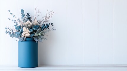 Fototapeta premium A stylish arrangement of dried flowers in a blue vase against a minimalist white wall, creating a calming and serene ambiance that enhances any interior space.