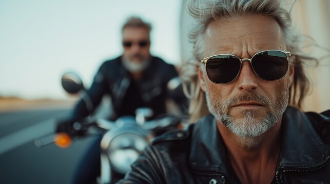A striking portrait of a rugged biker wearing sunglasses while seated on a motorcycle, with a blurred companion in the background, embodying freedom and adventurous spirit.