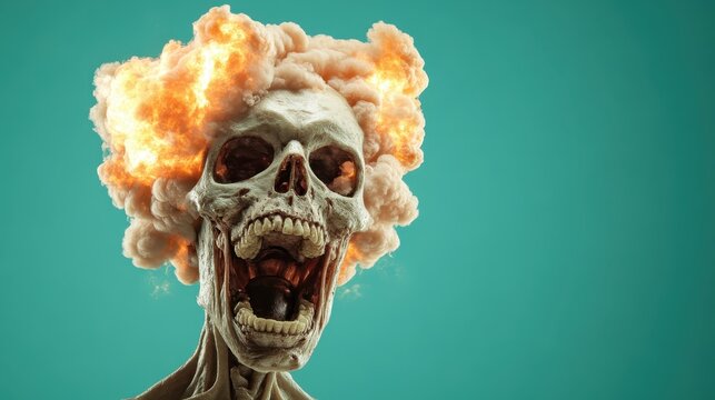 A striking visual of a skull with an explosive cloud, embodying the fusion of life and death, and the chaotic nature of existence in a thought-provoking artistic representation.