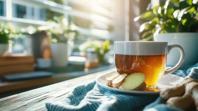 This inviting image captures a cup of ginger tea alongside fresh ginger root, illuminated by soft sunlight, creating a warm and cozy ambiance that promotes wellness.