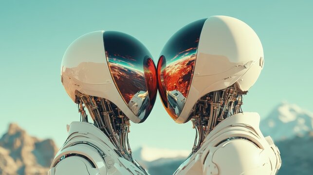 Two futuristic robots stand close, their reflective helmets merging in a unique embrace, capturing the essence of artificial love and connection in a surreal cosmic landscape.