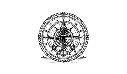 Vintage nautical crest with compass rose anchor and ship wheel in engraved navy line art style © BijoyChandra