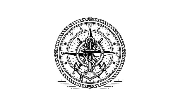 Vintage nautical crest with compass rose anchor and ship wheel in engraved navy line art style
