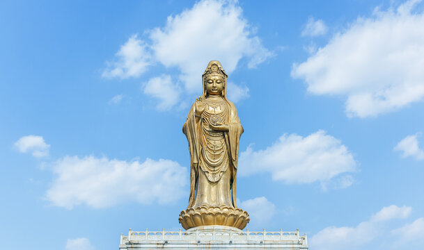 South Sea Guanyin statue at Mount Putuo under blue sky in Zhoushan, Ningbo, Zhejiang, China