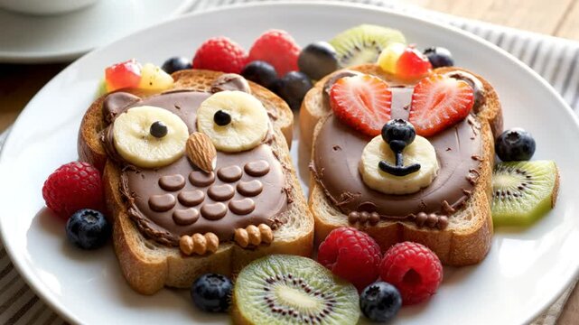 Creative and Colorful Breakfast Toast Art with Chocolate Spread, Fruits, and Edible Decorations on a White Plate