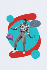 Obraz na płótnie Canvas Exclusive artwork banner creative collage of happy girl stand communication icon chatterbox like feedback sms networking