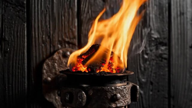 Burning torch illuminated against a dark wooden wall creating a warm and rustic ambiance