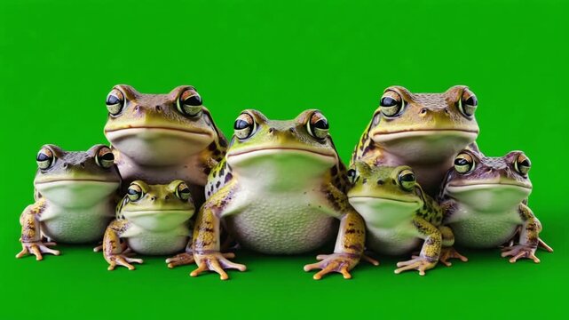 Group of seven diverse frogs posing together on a vibrant green background, studio shot