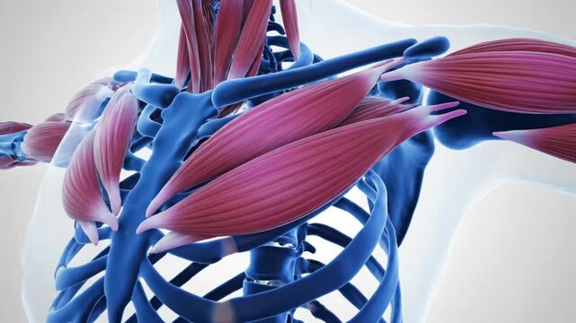 Anatomical Illustration of Human Muscles and Skeleton in the Chest Area Displayed in a Digital Render