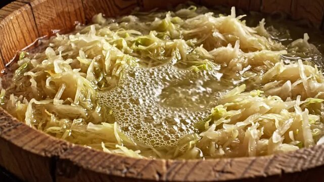 Close-up of fermenting sauerkraut with bubbles in a wooden barrel showing traditional food preservation process