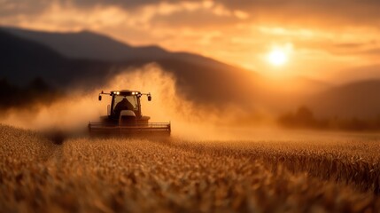 Fototapeta premium A serene landscape captures a tractor working a wheat field during golden hour, with warm sunlight casting a beautiful glow over the agricultural scene in the hills.