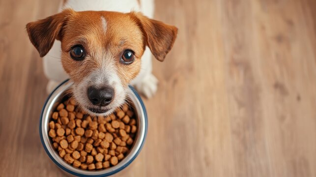 A cute dog eagerly looks at its bowl filled with dry food, capturing the essence of companionship and the joy of pet ownership in a warm and inviting atmosphere.