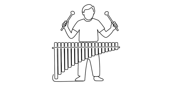 Continuous line drawing of a man playing a xylophone or marimba with mallets in his hands. Vector, illustration