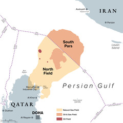 South Pars/North Dome field, political map. Natural-gas condensate field located in the Persian Gulf, with shared ownership between Iran and Qatar. Largest natural gas field in the world. Vector