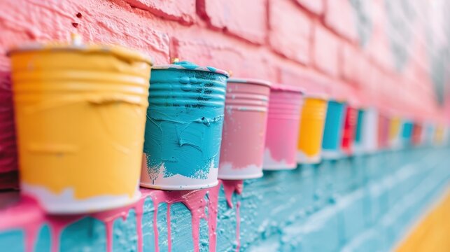 A row of paint cans spills vibrantly on a textured mural wall, representing artistic expression and the creative process of urban art culture.