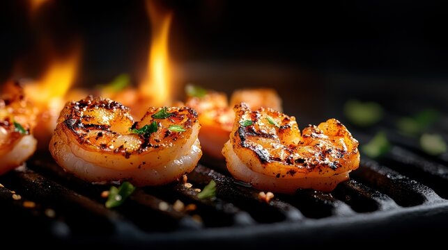 Grilled shrimp sizzle over flames, beautifully garnished with herbs, creating an appetizing display that tantalizes the senses and highlights culinary artistry.