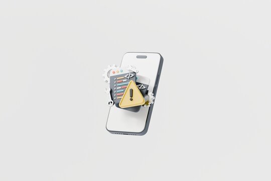 3d smartphone coding warning icon. app maintenance concept. minimal cartoon mobile code editor alert symbol for developer dashboard. isolated on white transparent background. 3d render.