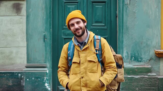 Cheerful young hipster guy wearing a yellow jacket, beanie, and jeans standing on a green door background, ready for adventure with his backpack