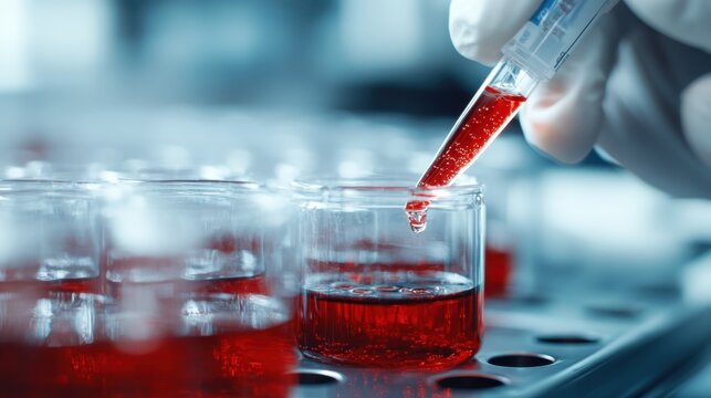 An intricate laboratory setup showing a hand using a pipette to drop a red liquid into glass vials, portraying the importance of scientific research and meticulous experimentation.