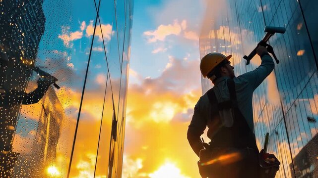 Window cleaner using a squeegee to wash glass surfaces with vibrant sunset reflecting in the city skyline