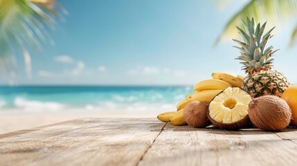 Obraz premium A vibrant display of tropical fruits including bananas and pineapples resting on a wooden table by the beach, with a scenic ocean and palm trees in the background.
