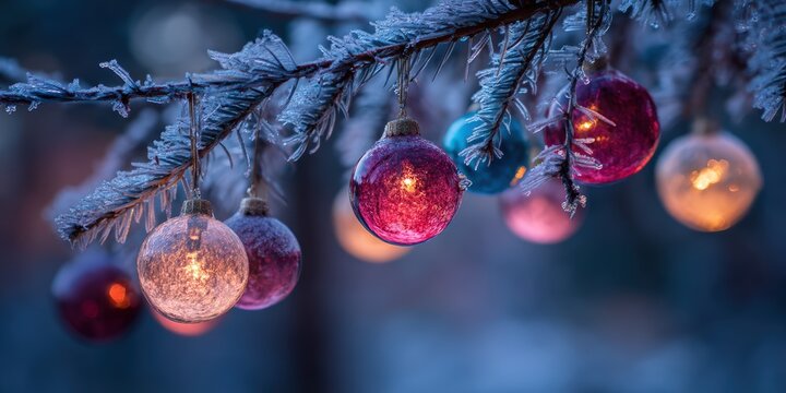 Frosted Christmas Tree Branch with Glowing Ornaments and Ice