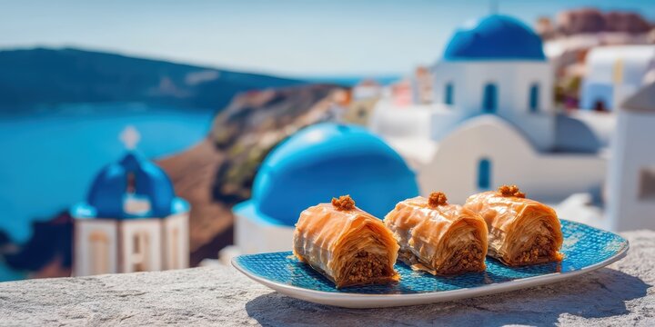 Traditional Greek Baklava on a Plate with Santorini View