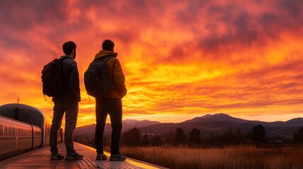 Fototapeta premium Two adventurers gaze at a stunning sunset from a train station, symbolizing friendship and shared journeys, evoking a sense of freedom and exploration in life.