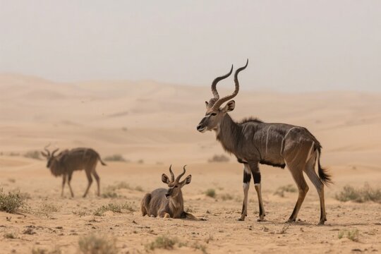 Klipspringer antelopes in a desert landscape with sand dunes and sparse vegetation