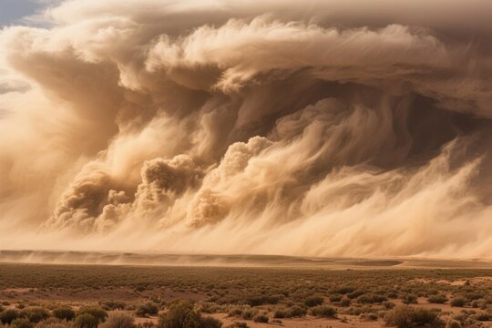 Massive dust storm rolling across arid desert landscape with turbulent clouds and swirling sand