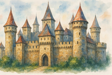 Fototapeta premium Charming watercolor illustration of medieval castle with tall towers and turrets, fantasy fairy tale architecture on soft white background 