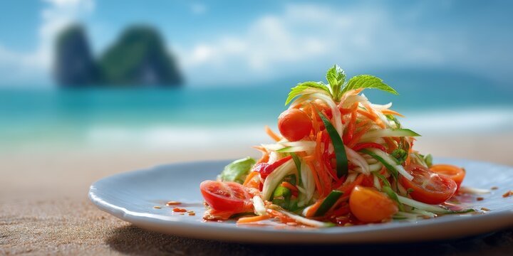 Fresh Som Tum Thai Papaya Salad on Tropical Beach Shore