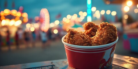 Crispy Fried Chicken Bucket at a Night Carnival Fair