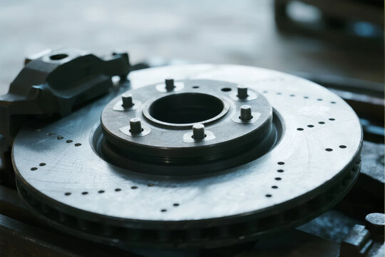 Close-up view of a vehicle brake disc and caliper assembly